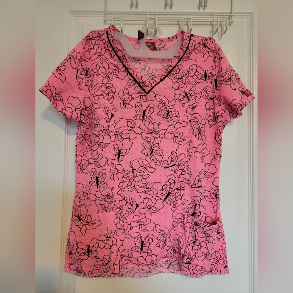 Dickies Pink Floral V-Neck Scrub Top